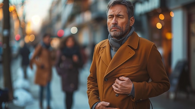 Middleaged man in business attire clutching his stomach and appearing ill while standing on the street