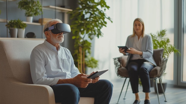 Middleaged man engages in VR exposure therapy in a modern therapy room monitored by a therapist