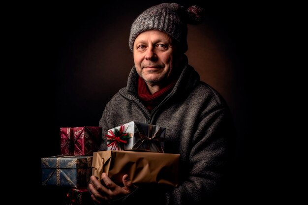 a middleaged man in a hat holds gifts in packed boxes with bows in his hands