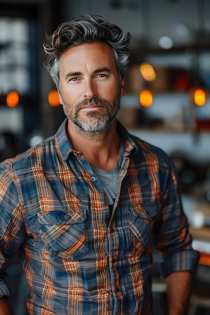 Photo middleaged man in plaid shirt relaxed demeanor busy office background warm lighting medium shot