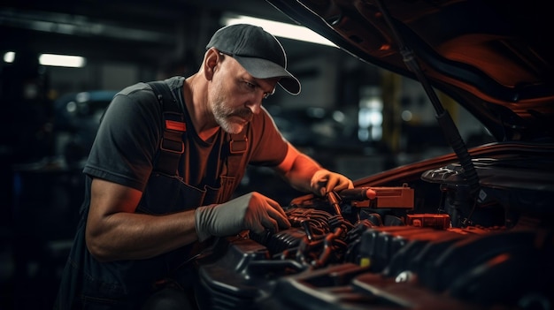 A middleaged Man a professional electrical mechanic checking repairing a car a hood in an auto repair shop Business Car service maintenance concepts