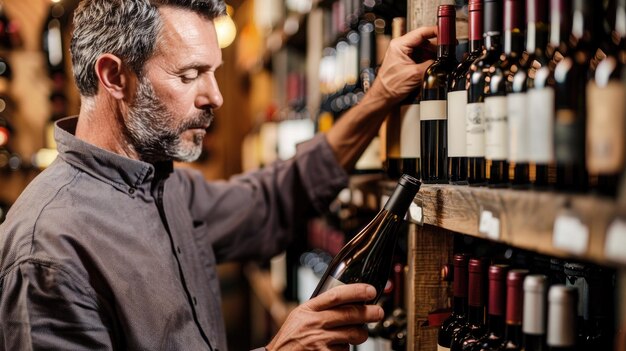 Photo middleaged man selecting wine bottle from shelves in store