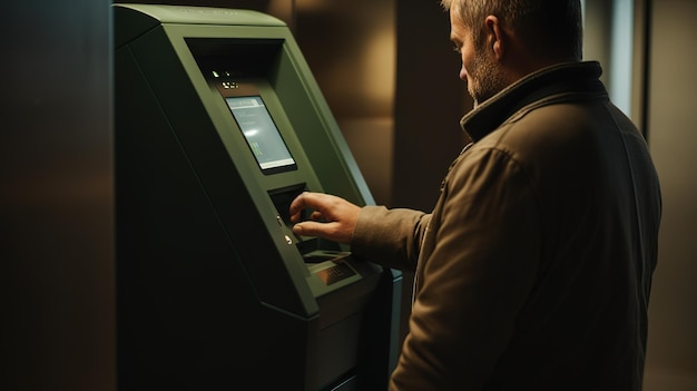 A middleaged man stands at an ATM at night with a card and dials a PIN code