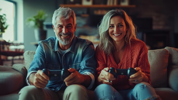 Photo middleaged man and woman sitting comfortably smiling as they play a casual and lighthearted video game together