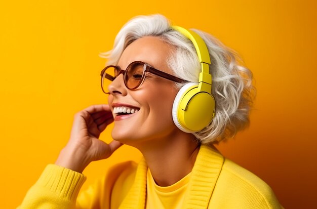 a middleaged older woman enjoying listening to music on hear headphones generative AI