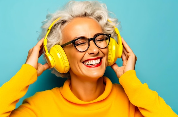 a middleaged older woman enjoying listening to music on hear headphones generative AI