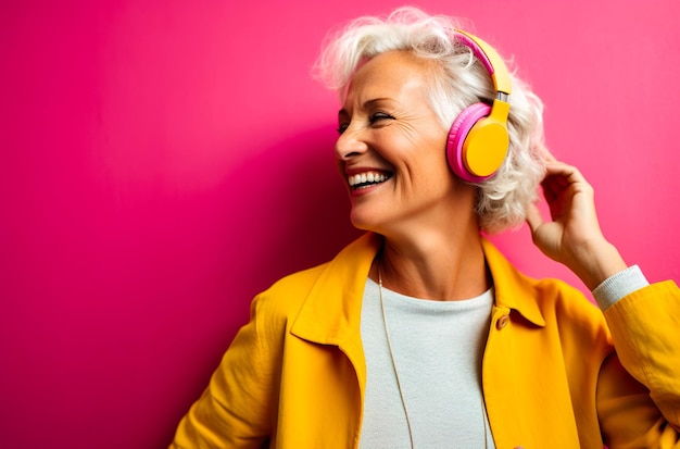 a middleaged older woman enjoying listening to music on hear headphones generative AI