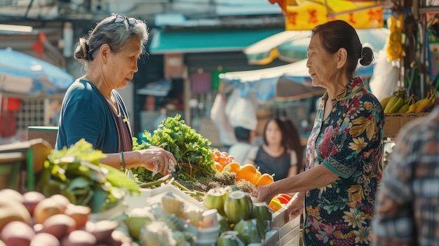 Photo middleaged owner sell fresh vegetables and fruits at an outdoor farmer39s market