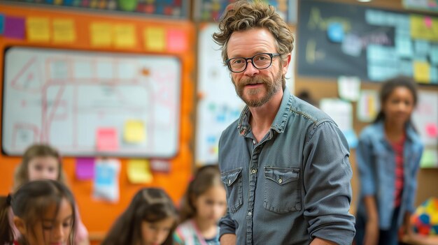 Photo middleaged professor with glasses looking at the camera in a classroom setting