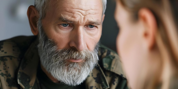 Middleaged soldier with gray beard seeks PTSD therapy from female psychologist Concept Mental Health Support PTSD Therapy MiddleAged Individuals Military Veterans Female Psychologists