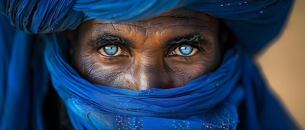 Middleaged Tuareg trader in indigo blue turban eyes peeking out Sahara Concept Portrait Photoshoot Tuareg Traditions Turban Fashion Desert Aesthetics Cultural Exchange