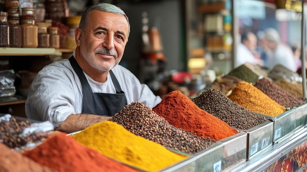 Photo a middleaged turkish man sells spices at a street market