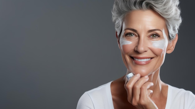 Photo middleaged woman applies a rejuvenating cream to her face created with generative ai technology