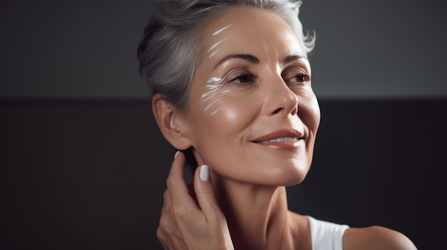 Middleaged woman applies a rejuvenating cream to her face Created with Generative AI technology