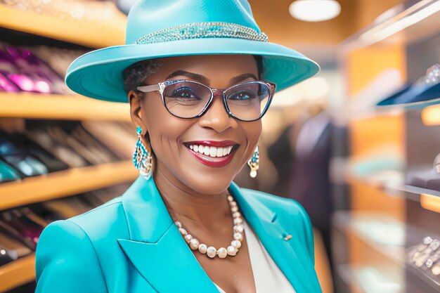 A middleaged woman in a blue suit smiles in a clothing store