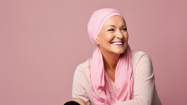 Middleaged woman cancer patient wearing headscarf and smiling on pink background Created with Generative AI technology