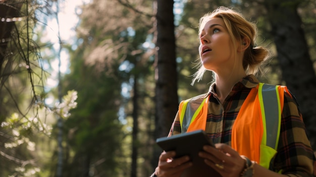 Photo middleaged woman in a forest looking up thoughtfully while holding a digital tablet wearing a yellow reflective vest over a plaid shirt