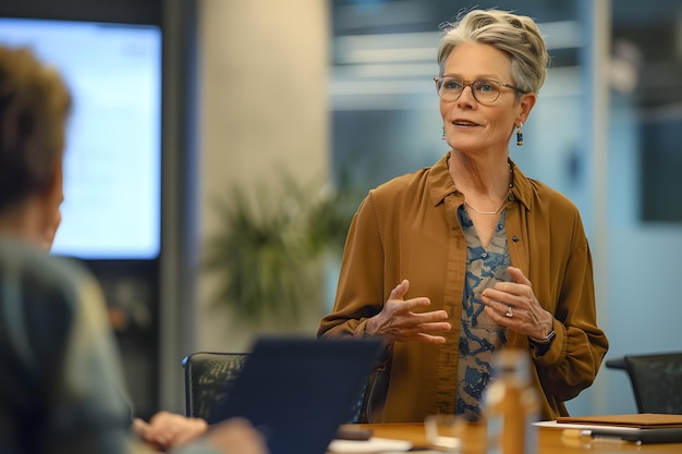 A middleaged woman in glasses wearing casual and standing at the conference table