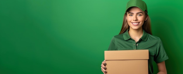 A middleaged woman in a green uniform holding a cardboard box Delivery service concept