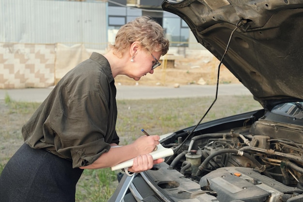 Middleaged woman holding a notepad stands in front of a car with the hood up