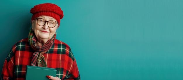 A middleaged woman in a red hat and plaid shirt holding a book Delivery service concept