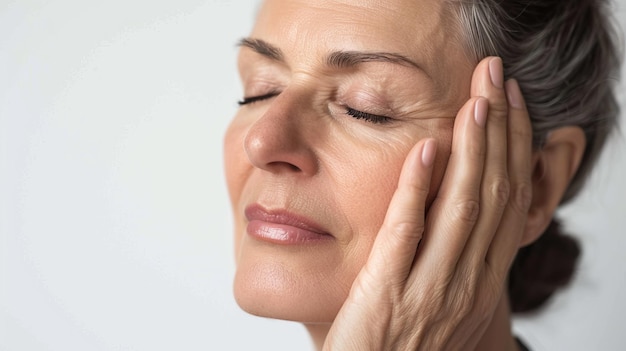 A middleaged woman with her eyes closed and head in pain holding one hand to the side of her face