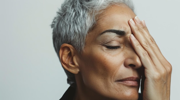 A middleaged woman with her eyes closed and head in pain holding one hand to the side of her face