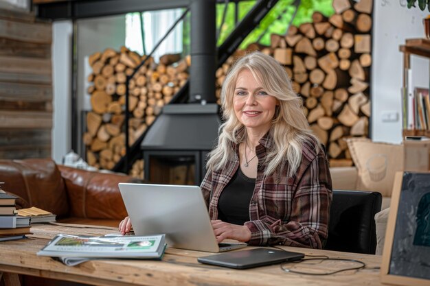 Photo middleaged woman working on laptop at home remote work comfortable home office mature professio