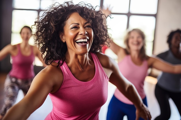 Middleaged women enjoying a joyful dance class candidly expressing their active lifestyle