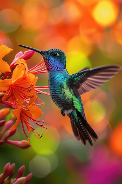 MidFlight FieryThroated Hummingbird with Outstretched Wings Near Orange Blooms