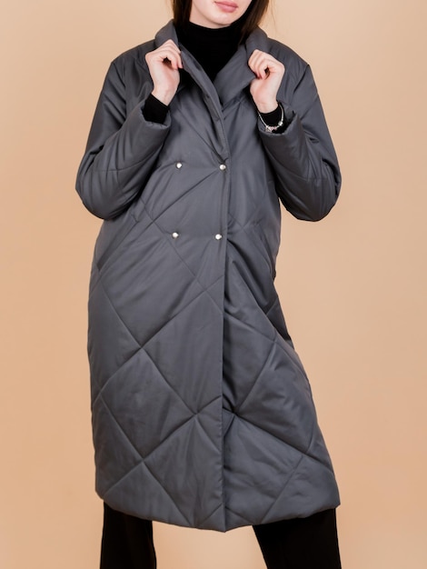 MidLength Grey Coat with Diamond Quilting Vertical Photo