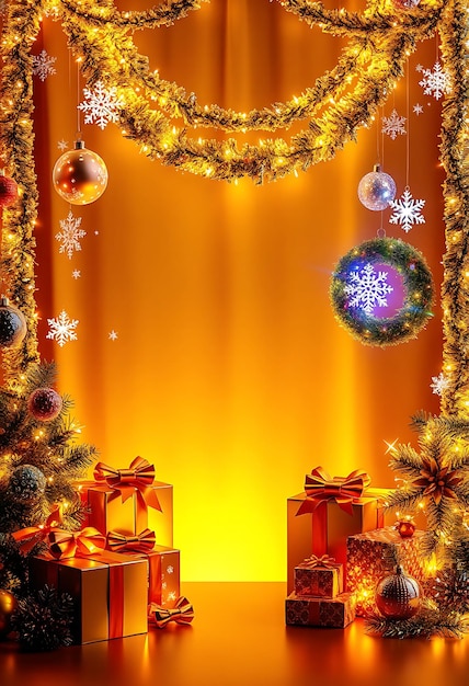 Midnight Gold Backdrop Adorned With Led Garlands Fiber Optic Snowflakes Shimmer Beside Chrome Orna