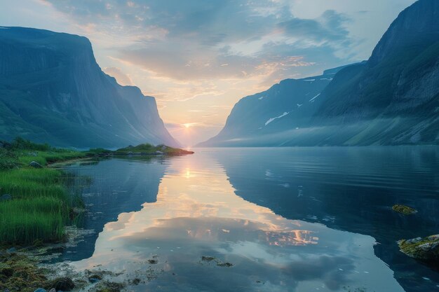 Photo midnight sun over serene norwegian coast