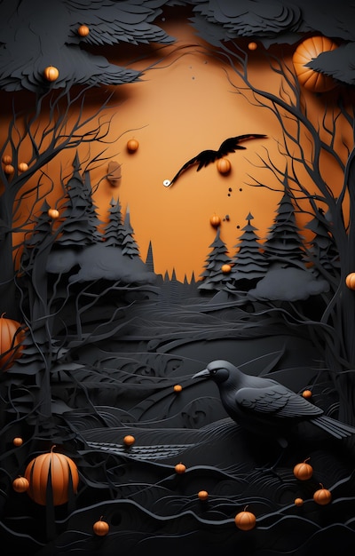 Midnight symphony a marvelous papercut of a raven guiding pumpkins across a moonlit night