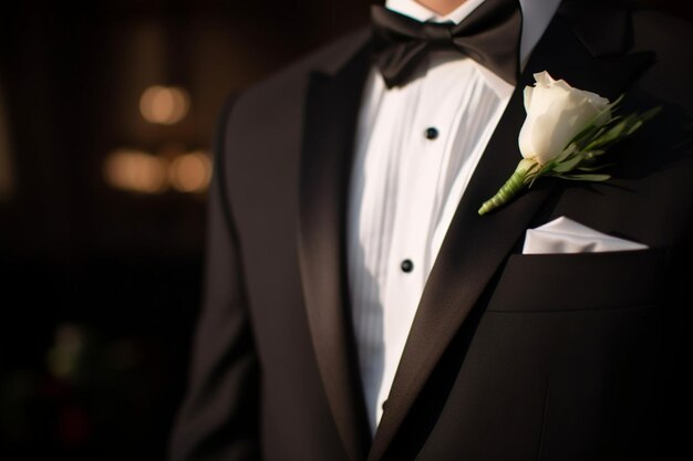 Photo midsection of bridegroom wearing tuxedo with boutonniere