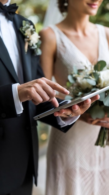 Photo midsection of businessman using digital tablet in wedding ceremony