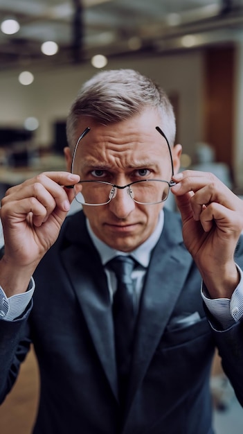 Midsection of frustrated businessman holding eyeglasses