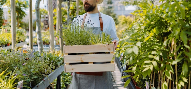 Midsection of male gardener walking and holding box Garden centre shop