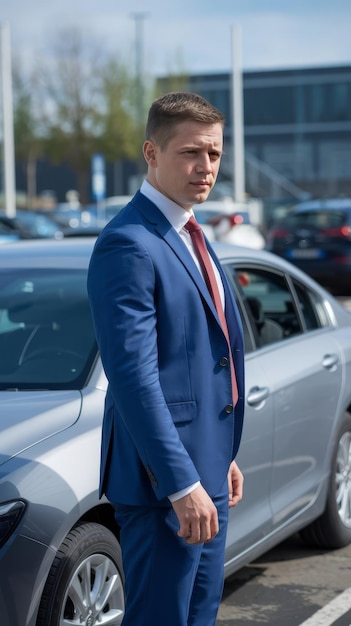 Midsection of man standing by car