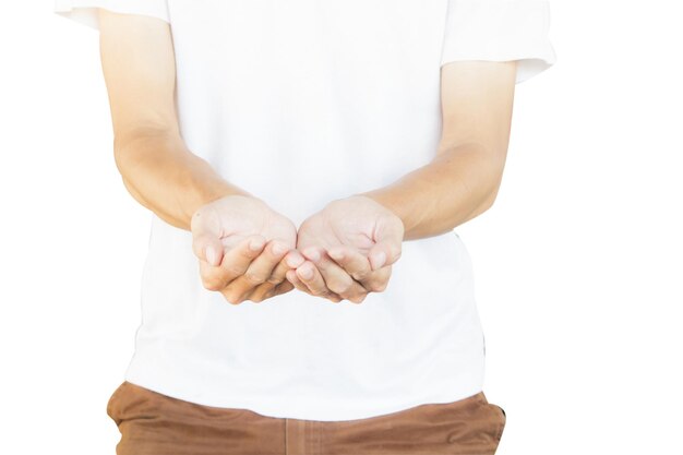 Photo midsection of man with hands cupped standing against white background