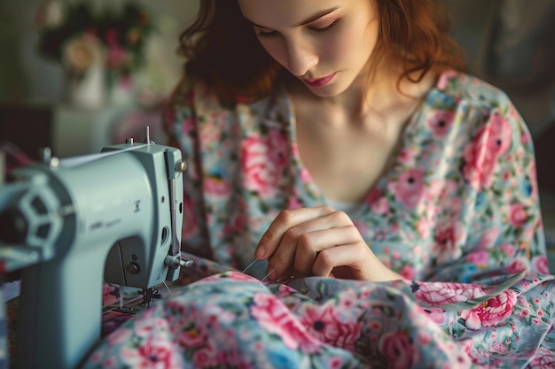 Photo midsection of woman sewing clothes at home