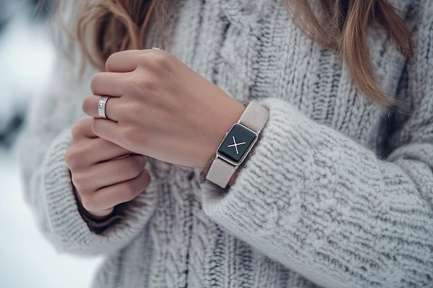 Photo midsection of woman wearing warm clothing and wristwatch