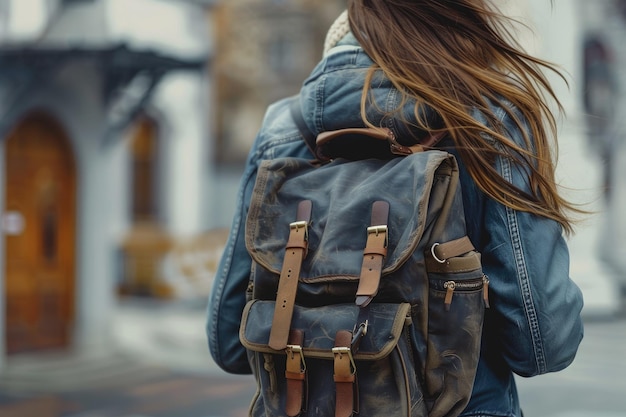 Photo midsection of woman with backpack standing on street