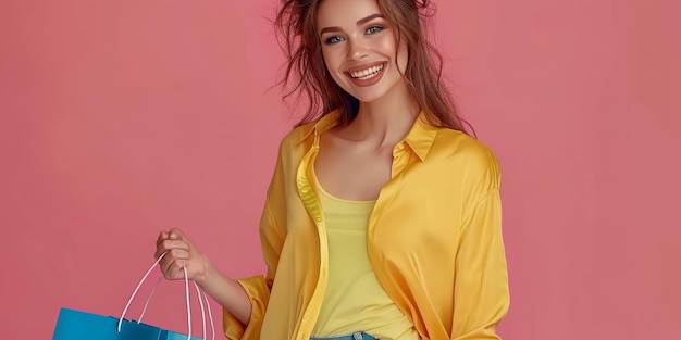 Photo midshot of an attractive smiling woman in a yellow shirt and jeans