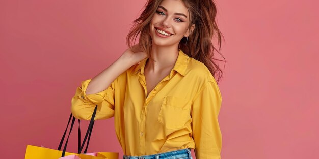 Photo midshot of an attractive smiling woman in a yellow shirt and jeans