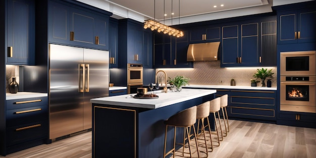 A midshot view of a modern luxury kitchen featuring navy blue cabinetry gold hardware and topoftheline appliances