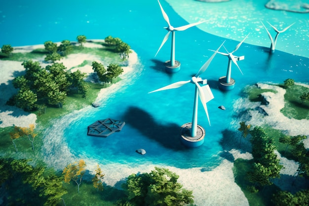 In the midst of cerulean ocean waves a sprawling windmill park generates renewable energy beneath cottonlike clouds