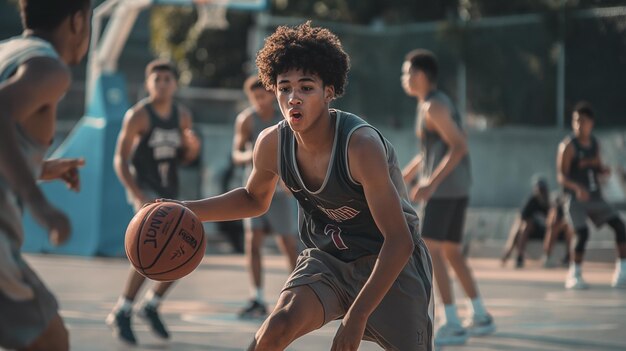 In the midst of a competitive basketball match a young male player demonstrates his mastery