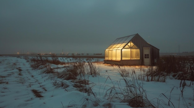 In the midst of a desolate snowcovered field a small greenhouse stands brightly illuminated by