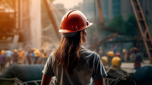 In the midst of dynamic construction site a woman worker stands Generative AI